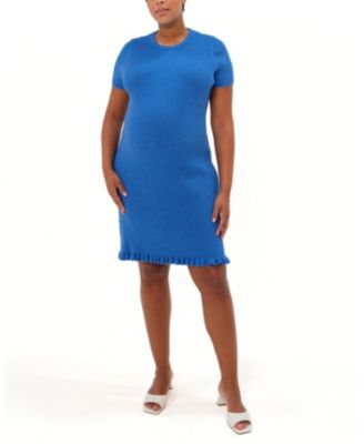 Women&#39;s Short Sleeve Knit Maternity Knee Length Sweater Dress with Hem Detail