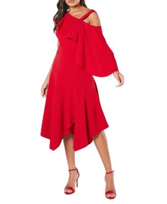 One Shoulder Ruffle Crepe Midi Dress