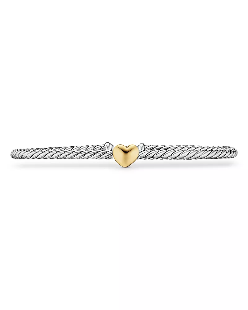 Micro Cable Flex Heart Station Bracelet in Sterling Silver with 14K Yellow Gold, 2.6mm