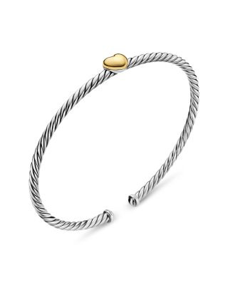 Micro Cable Flex&reg; Heart Station Bracelet in Sterling Silver with 14K Yellow Gold, 2.6mm