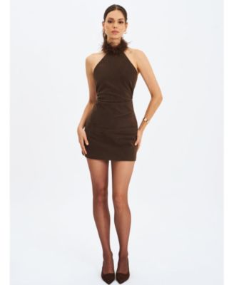 Yael Suede Faux Fur Halter Mini Dress