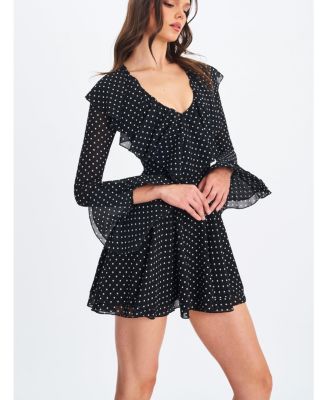 Omari Chiffon Polka Dot Ruffled Neckline Mini Dress