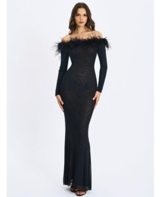  Emberly Trimmed Off-Shoulder Rhinestone Mesh Mermaid Dress