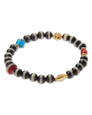 Multi Stone & Gray Diamond Striped Bead Stretch Bracelet in 18K Yellow Gold & Sterling Silver