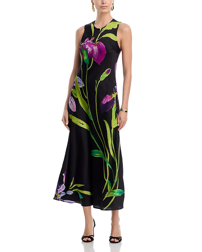Aqua Floral Satin Midi Dress - Exclusive In Black