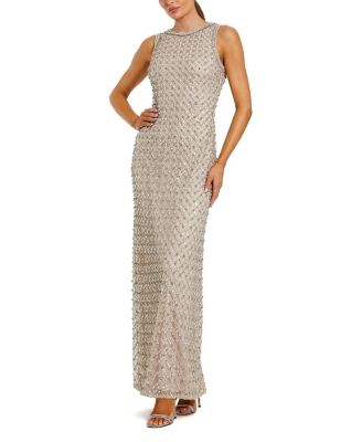 Sequin Mesh High Neck Column Sleeveless Gown