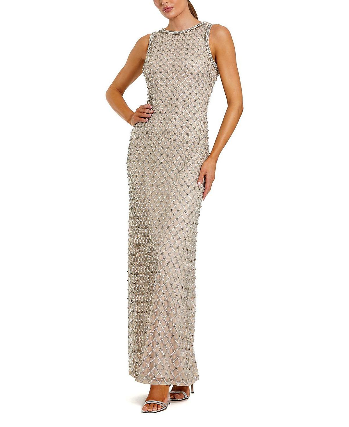 Mac Duggal Sequin Mesh High Neck Column Sleeveless Gown