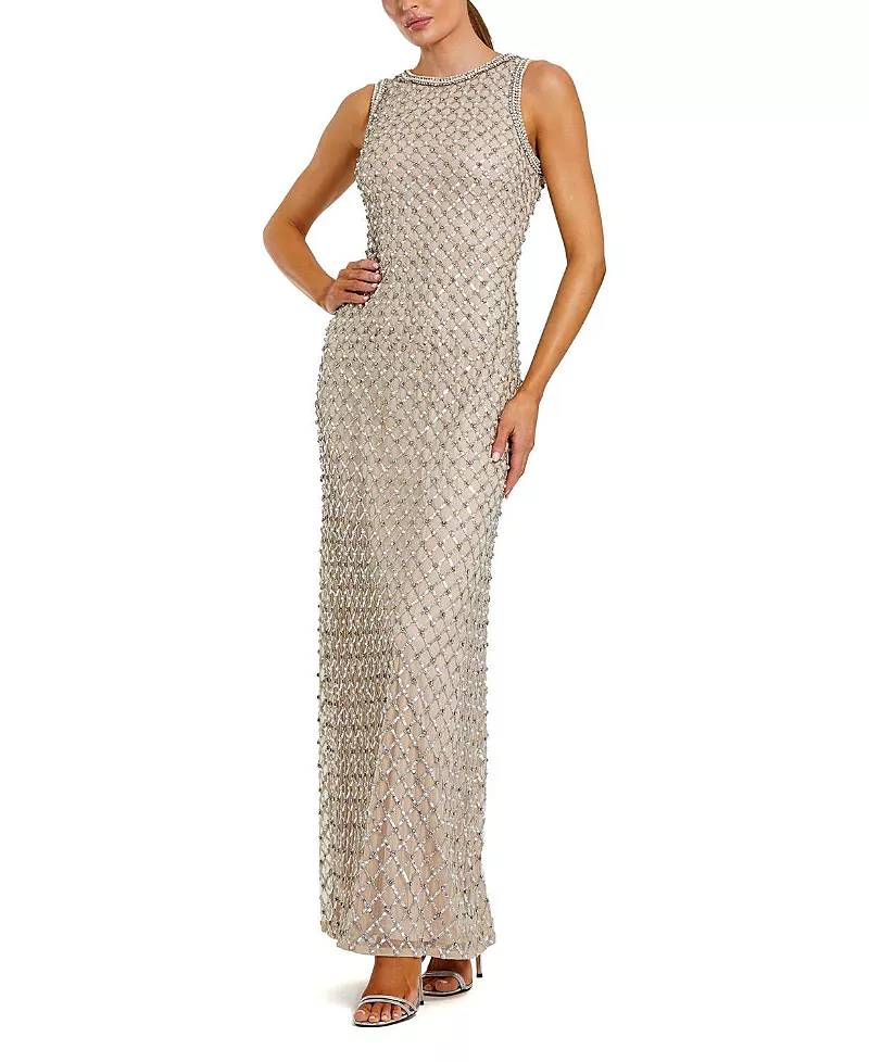 Mac Duggal Sequin Mesh High Neck Column Sleeveless Gown