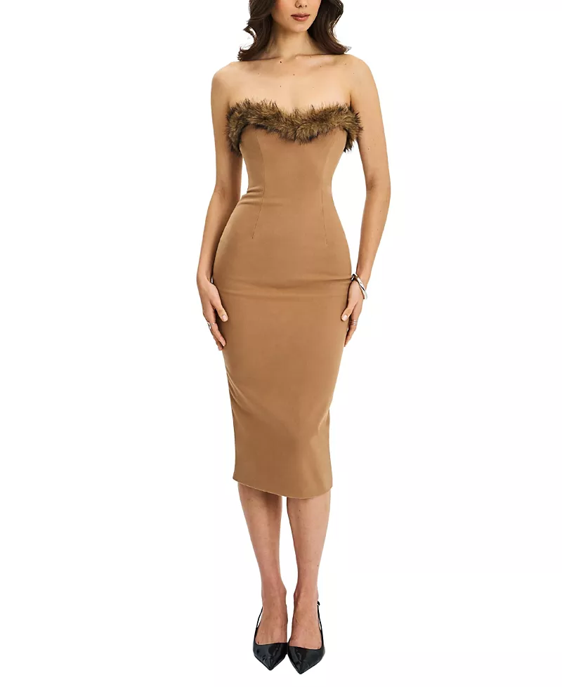 Miss Circle Rayanne Strapless Fur-Trimmed Sweetheart Maxi Dress