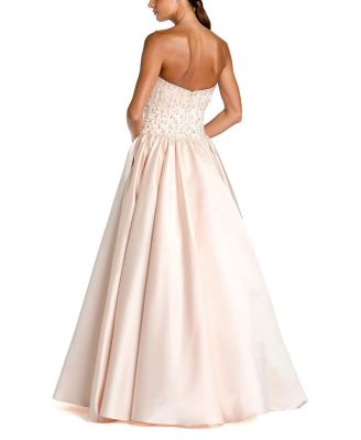  Satin Pearl Beaded Dropwaist Strapless Ballgown