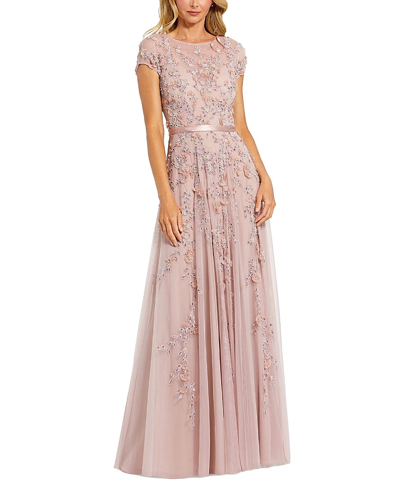 Mac Duggal Floral Embellished Short Sleeve Mesh Gown