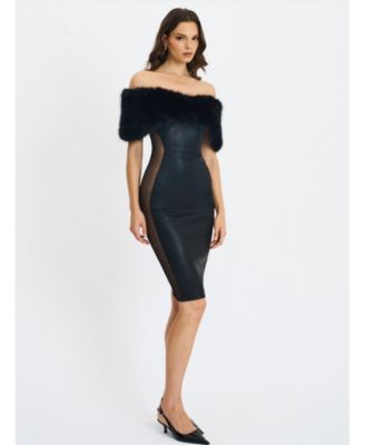  Bellis Fur Trim Mesh Panel Off-Shoulder Midi Dress