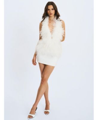  Quisten Feathered Plunging Halter Mini Dress