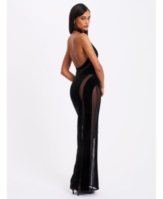  Paityn Velvet Mesh Cutout Halter Gown