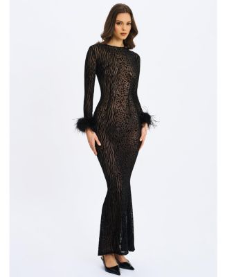  Patricia Feather Sleeve Trim Velvet Mesh Maxi Dress