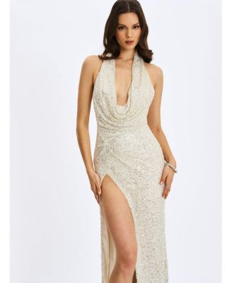 Niamh Beaded Cowl Halter Backless Maxi Dress