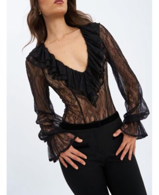  Taliah Sheer Lace Ruffled Collar Bodysuit