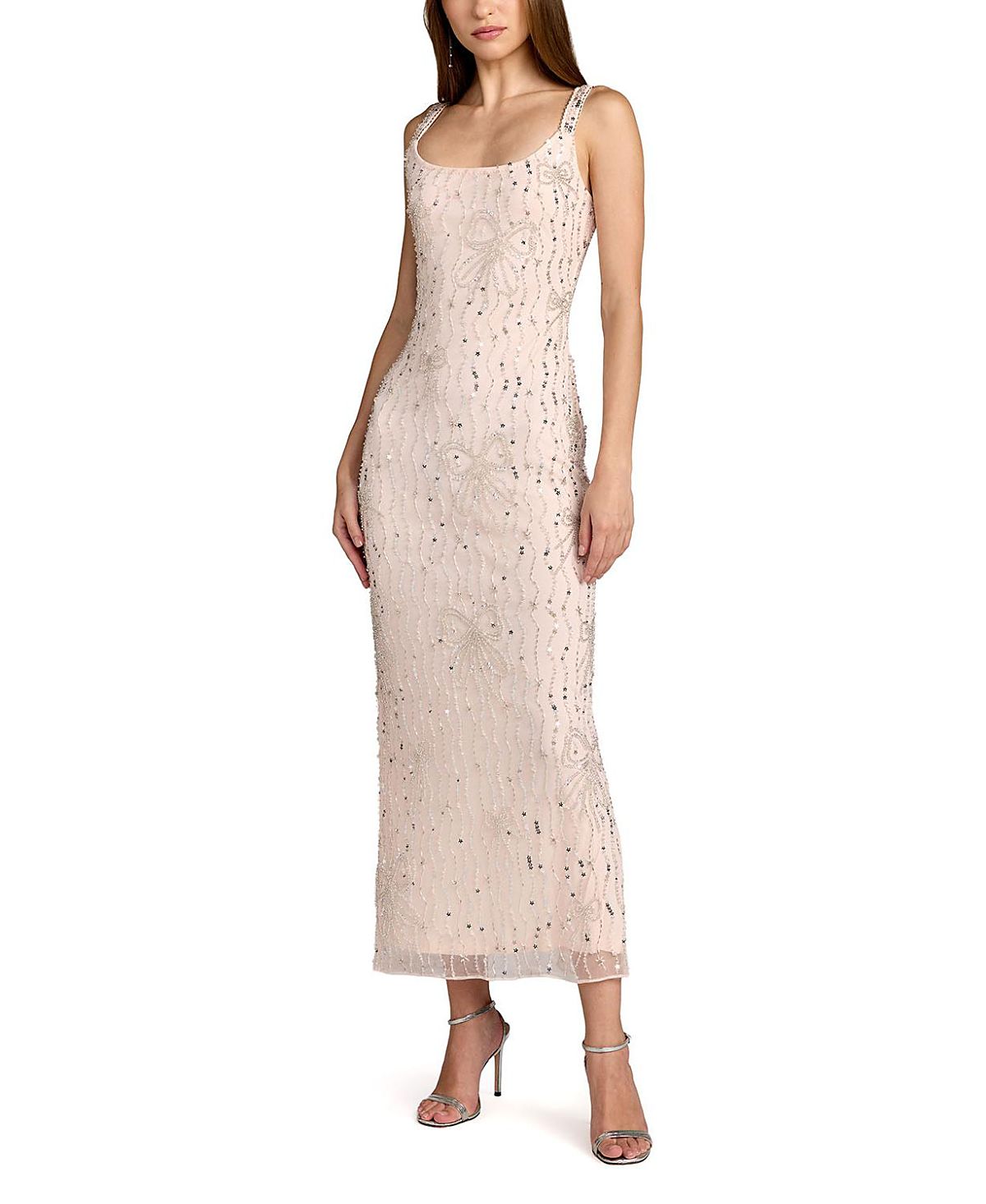 Mac Duggal Beaded Mesh Scoop Neck Fitted Gown with Bows