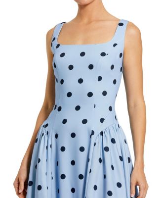 Polka Dot A-Line Midi Dress with Square Neck and Ruffle Gussets