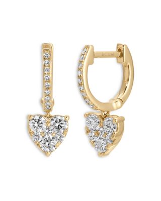 14K Yellow Gold Diamond Heart Cluster Dangle Hoop Earrings