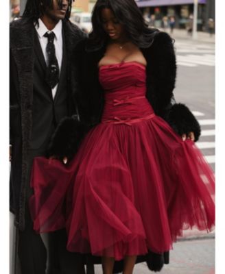  Mabel Drop Waist Layered Mesh Midi Puffy Dress with Bow