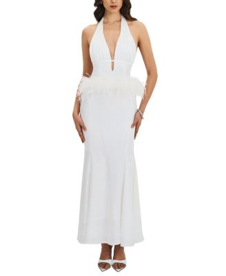  Solene Pleated Halter Backless Feather-Trim Maxi Dress