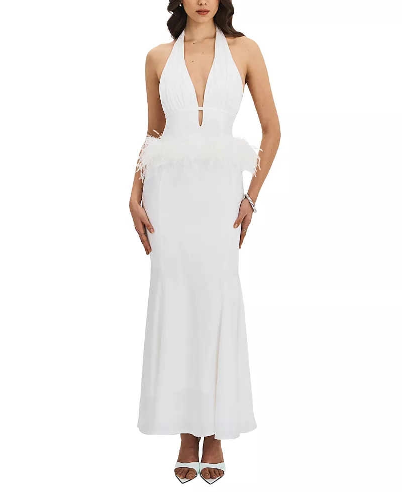 Miss Circle Solene Pleated Halter Backless Feather-Trim Maxi Dress
