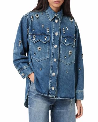 Enna Brooch Embellished Denim Shirt