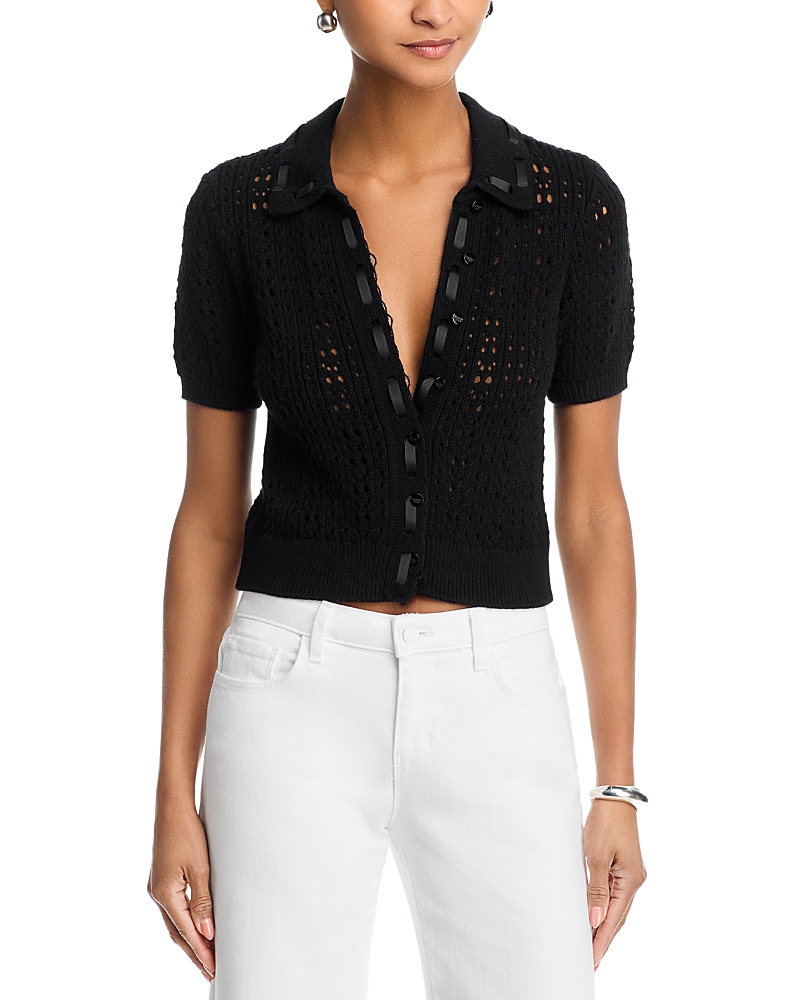 L'Agence Ninette Pointelle Grosgrain Short Sleeve Cardigan