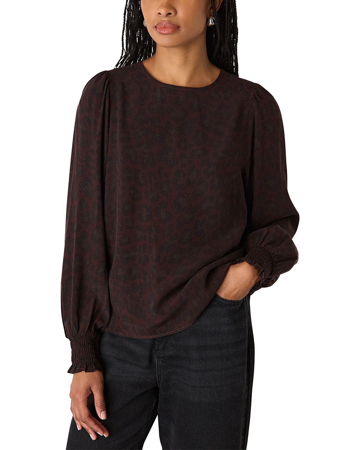 Whistles Leopard Shirred Cuff Blouse