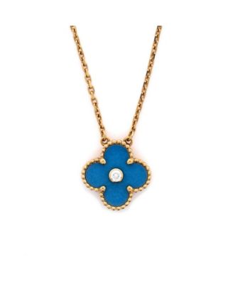  Vintage Alhambra Pendant Necklace 18K Gold and Blue Sevres Porcelain with Diamond, 15.25 - 17"