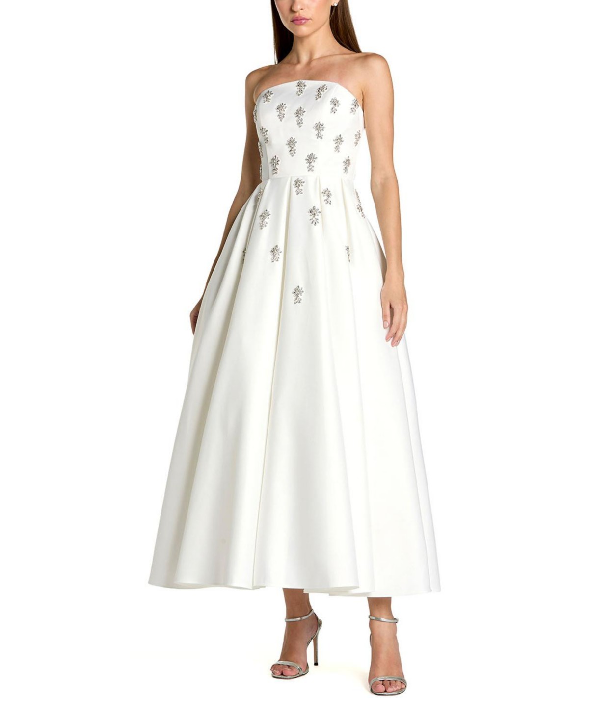 Crystal Embellished Strapless Satin A-Line Dress