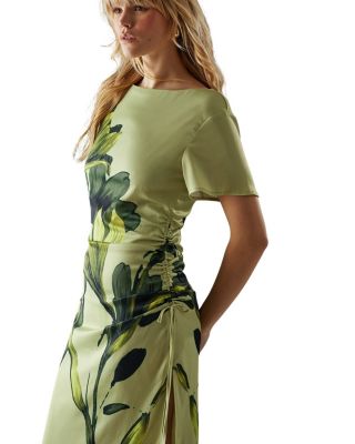 Placement Print Crinkle Midi Satin Dress