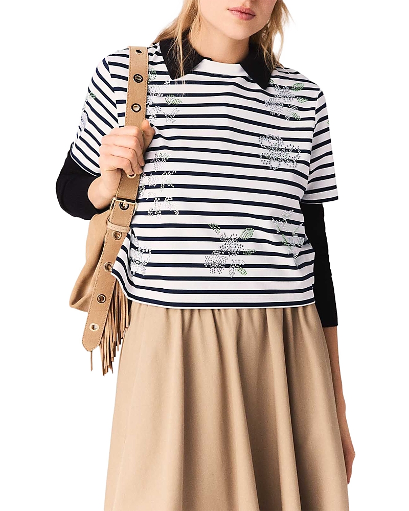 Maje Striped Tee with Rhinestones