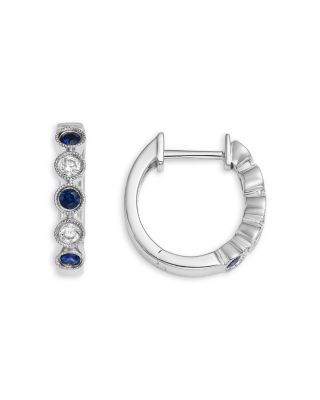 Blue Sapphire & Diamond Huggie Hoop Earrings in 14K White Gold