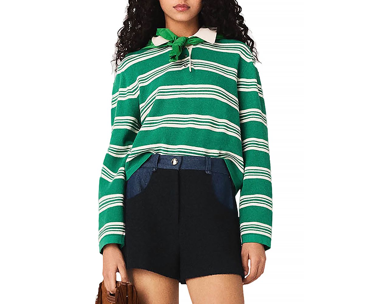 Maje Cropped Striped Polo Sweater