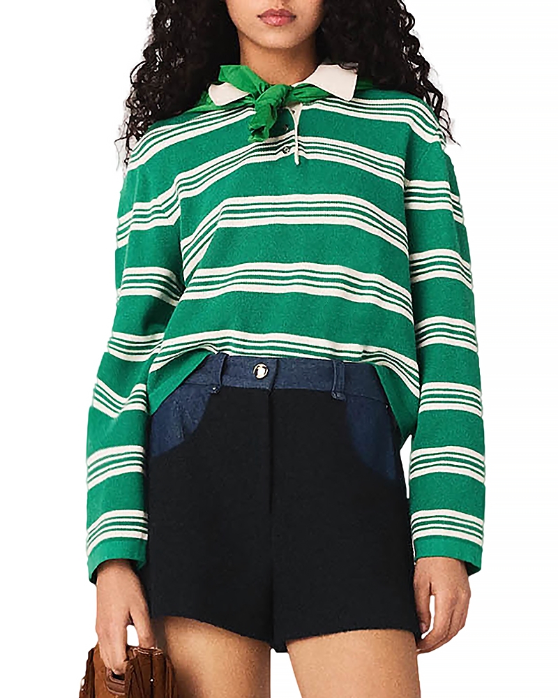 Maje Cropped Striped Polo Sweater