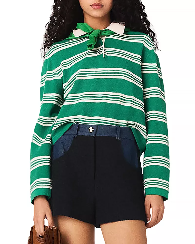 Maje Cropped Striped Polo Sweater