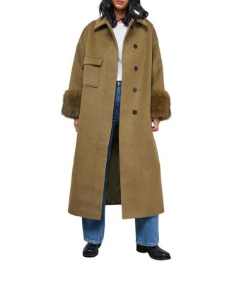 Patch Pocket Faux Fur Cuff Maxi Coat