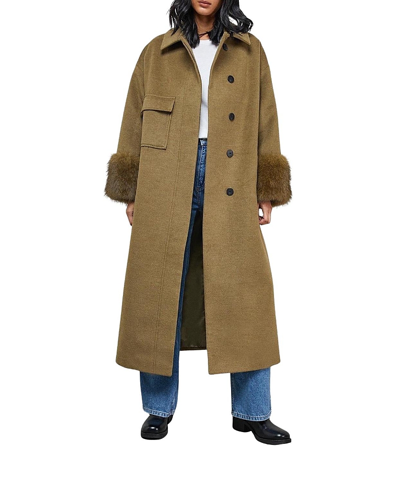 Warehouse Patch Pocket Faux Fur Cuff Maxi Coat
