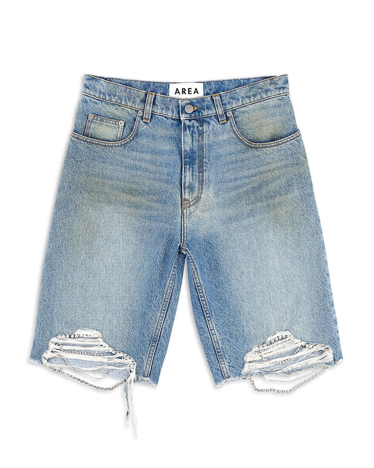Area Crystal Strands Frayed Denim Shorts