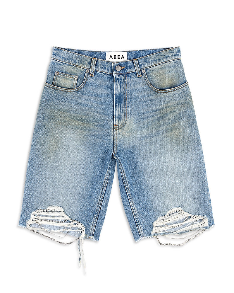 Area Crystal Strands Frayed Denim Shorts