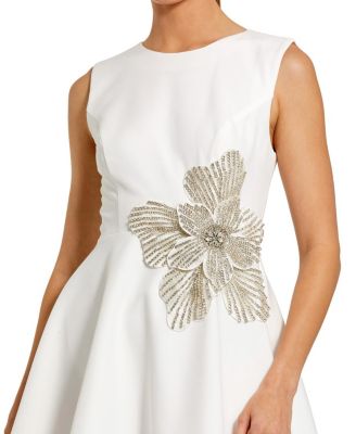  Crepe Sleeveless Mini Dress with Rhinestone Flower