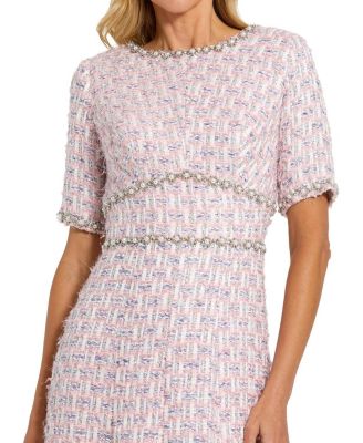  Short Sleeve Beaded Trim Boucle Midi Dress