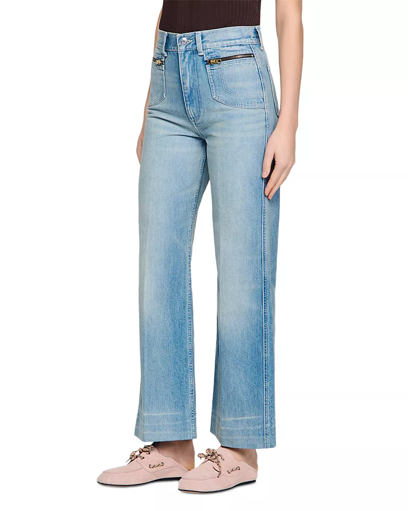 Sandro Faded Straight Zipped Cotton Jeans in Blue Jean