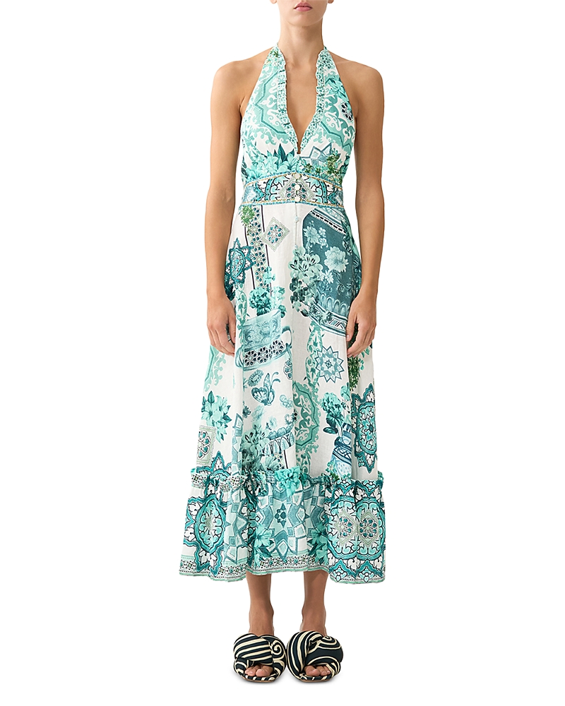 Camilla Balearic Bebe Linen Ruffle Neck Halter Dress