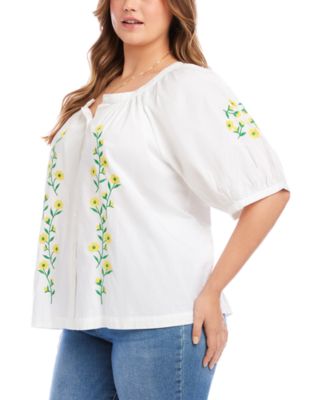 Plus Size Puff Sleeve Embroidered Peasant Top