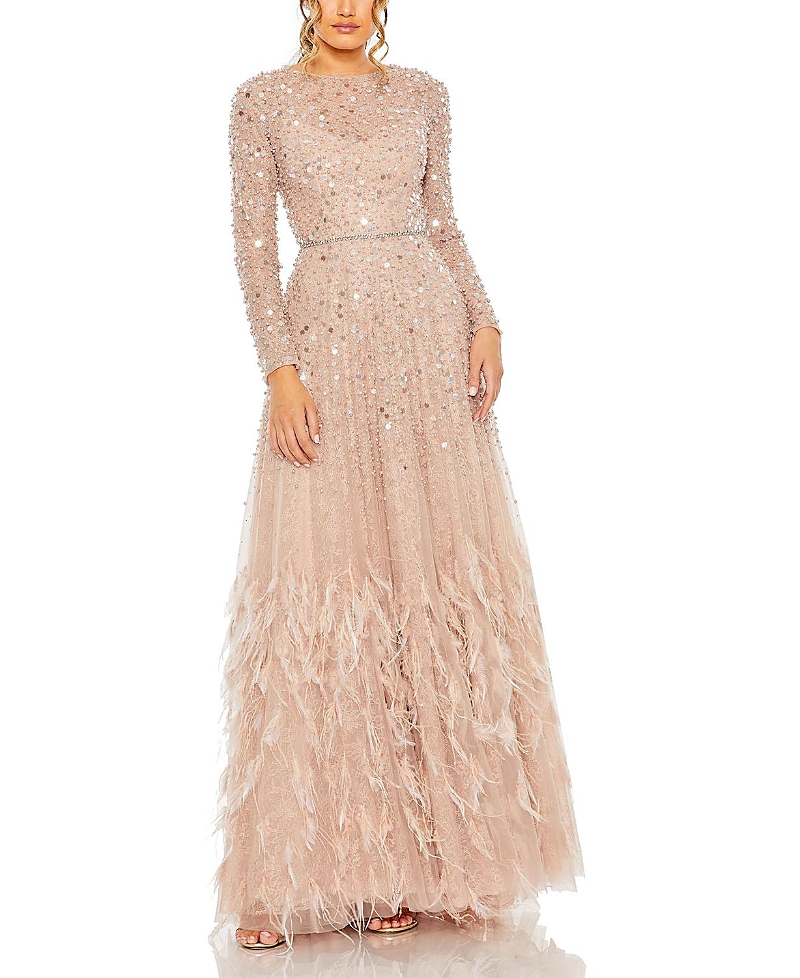 Mac Duggal Petite Disc Embellished Sequin Gown with Feather Detail