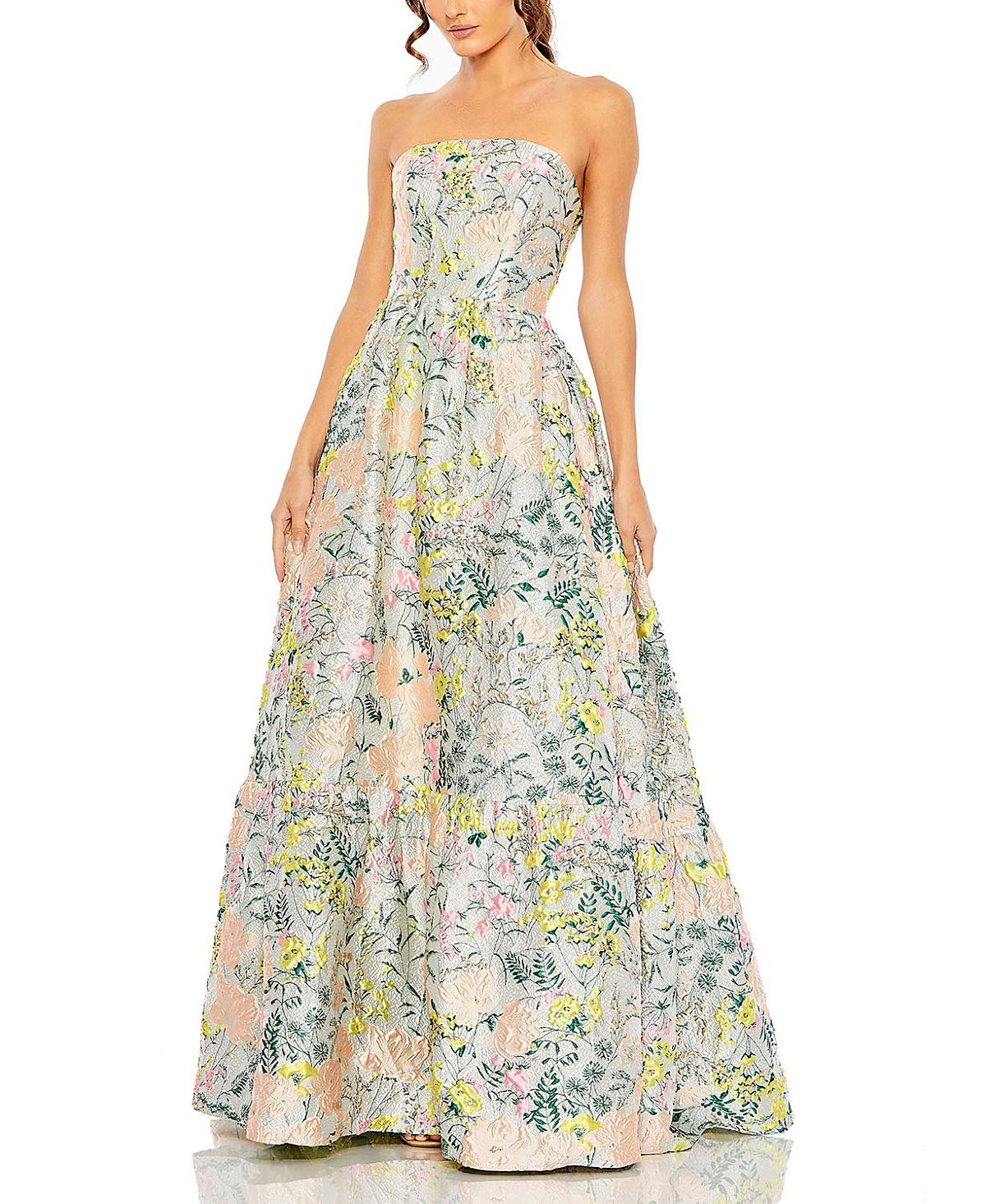 Mac Duggal Petite Floral Brocade Strapless A Line Gown