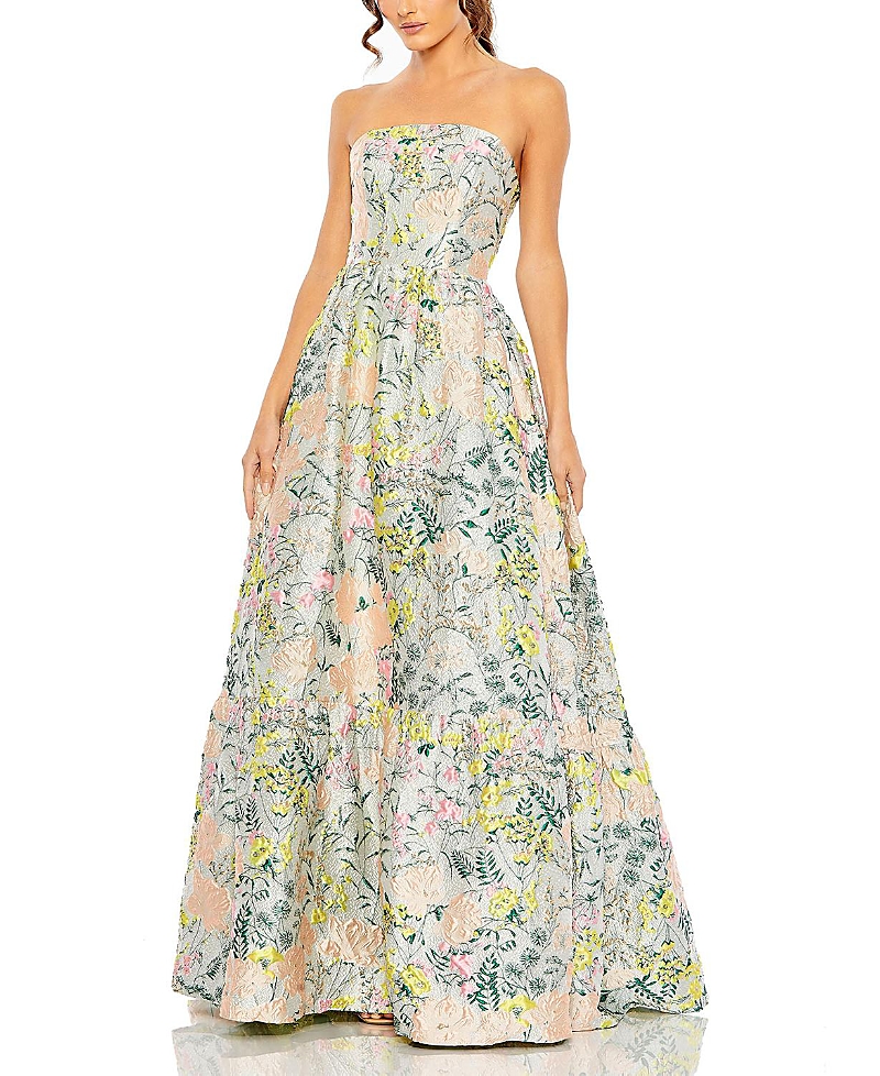 Mac Duggal Petite Floral Brocade Strapless A Line Gown